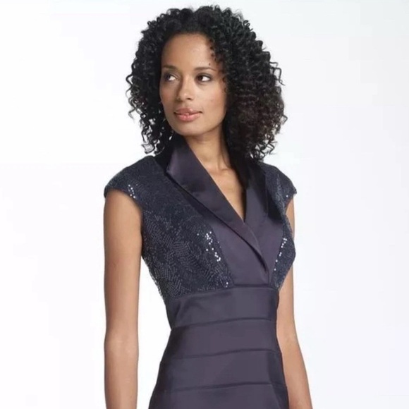 Tadashi Collection Dresses & Skirts - Tadashi Collection Cap-Sleeve Satin Sequined Navy Gown Dress size 6